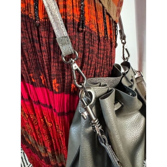 Neiman Marcus Gray Leather Look Drawstring Crossbody Bag Adjustable Strap - Picture 11 of 16